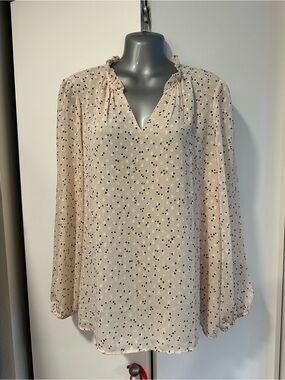 Hilary Radley Beige Polka Dot Ruffle V-Neck Blouse